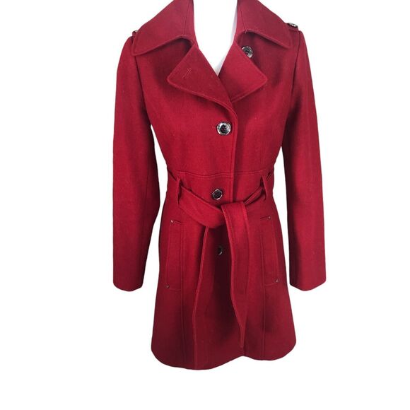 Kenneth Cole Wool Blend Assymetrical Military Trench Coat Dark Red Sz 2‎ - Picture 1 of 16
